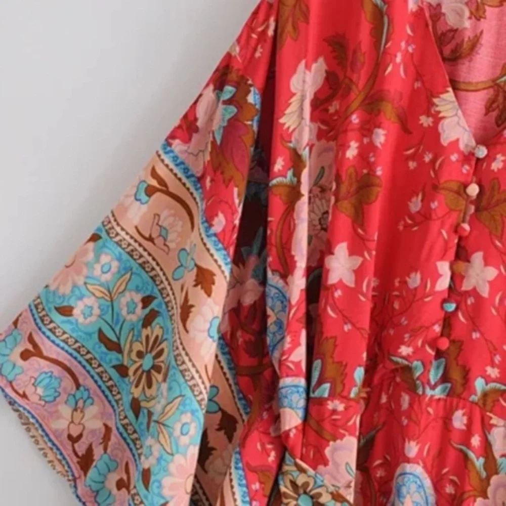 Boho Gypsy Red  Floral Print Midi Kimono Dress Cottagecore - Picture 5 of 10